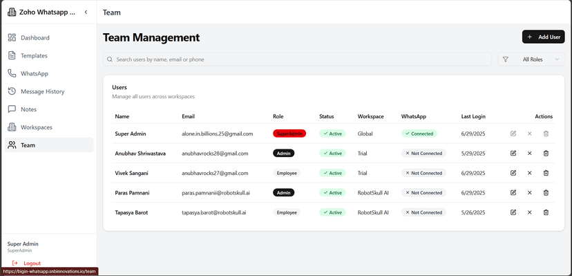 Team Management Interface