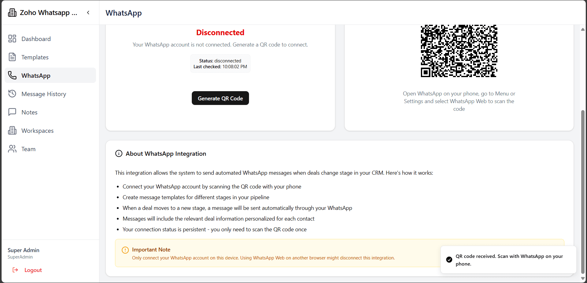 WhatsApp Zoho Bigin Integration Overview