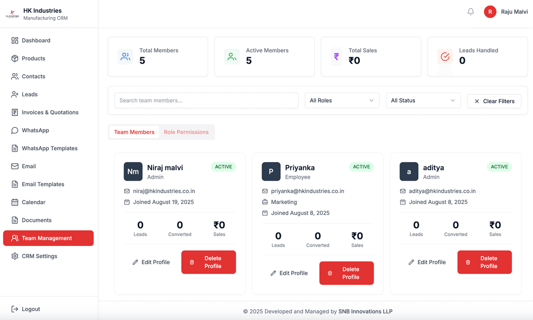 Team roles and permissions screen